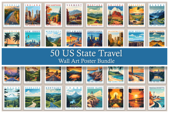 Download 50 US State Travel Wall Art Poster Set - Wall Collection