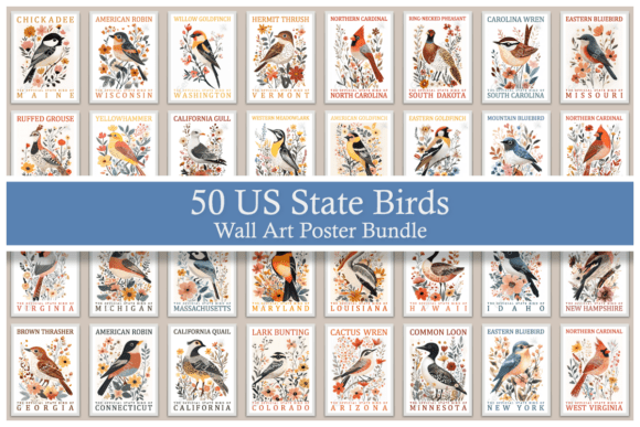 Download 50 US State Birds Wall Art Poster Bundle - Wall Collection